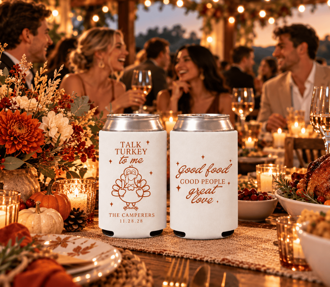 White Thanksgiving wedding drink sleeves featuring a turkey illustration, wedding date, and playful fall wedding wording.