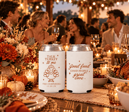 White Thanksgiving wedding drink sleeves featuring a turkey illustration, wedding date, and playful fall wedding wording.