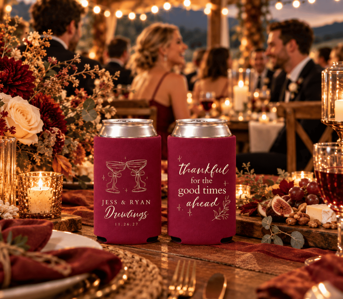 Custom burgundy Thanksgiving wedding drink sleeves featuring champagne glasses, wedding date, and elegant cream typography.