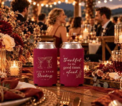 Custom burgundy Thanksgiving wedding drink sleeves featuring champagne glasses, wedding date, and elegant cream typography.