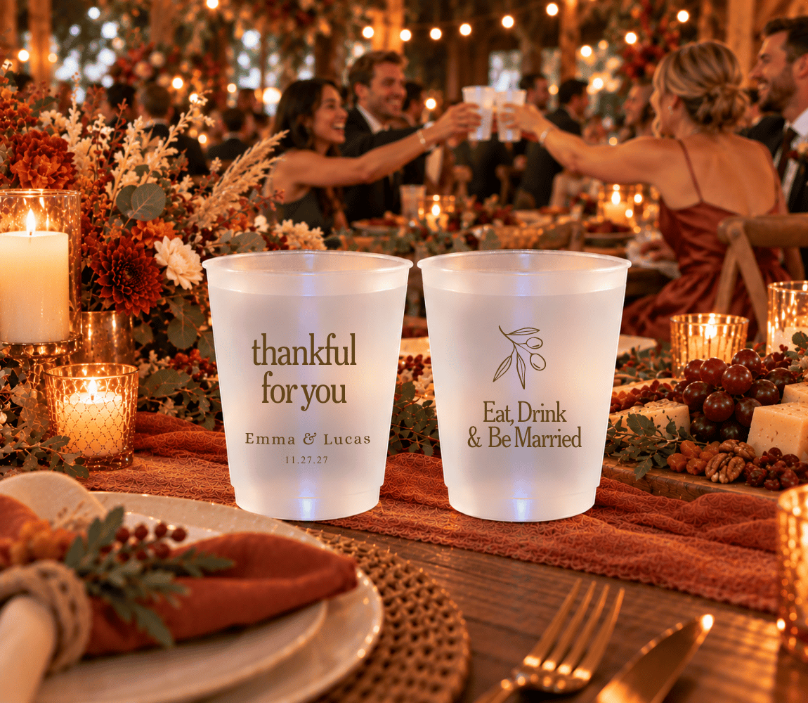 Elegant Thanksgiving wedding drink cups with botanical design