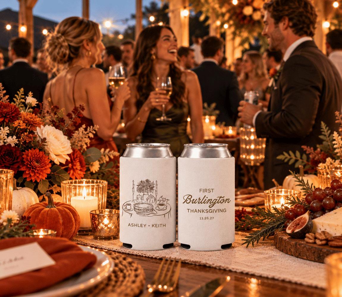 First Thanksgiving wedding favors featuring personalized white can coolers with seasonal flowers, candles, and pie illustration.