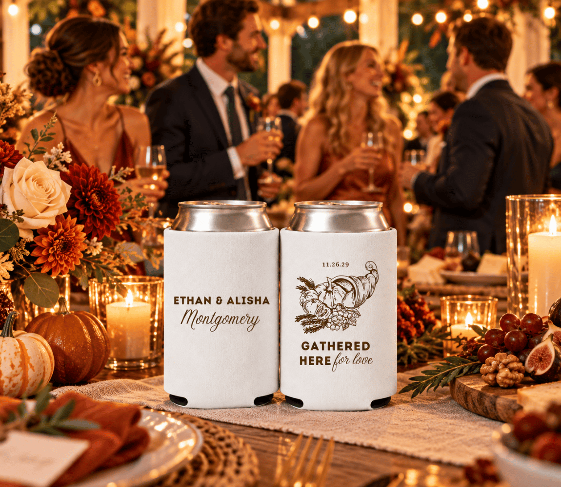 Gathered Here Thanksgiving wedding favors featuring personalized white can coolers with a seasonal cornucopia illustration.