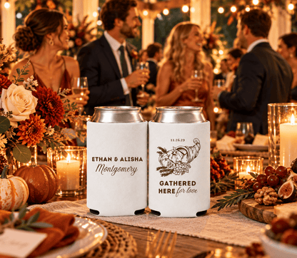 Gathered Here Thanksgiving wedding favors featuring personalized white can coolers with a seasonal cornucopia illustration.