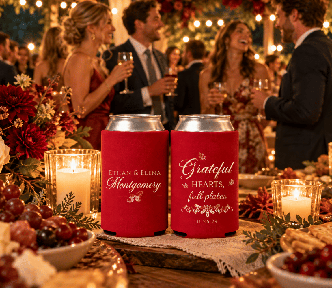 Grateful Hearts Thanksgiving wedding favors featuring personalized red can coolers with seasonal botanical details.