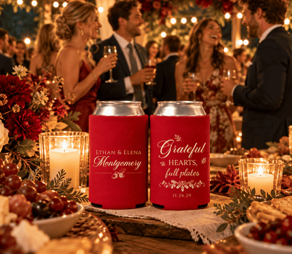 Grateful Hearts Thanksgiving wedding favors featuring personalized red can coolers with seasonal botanical details.