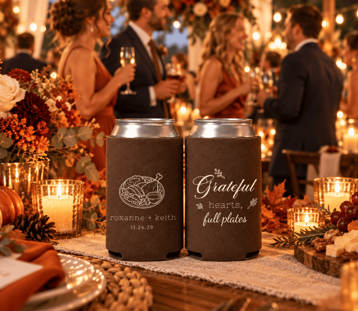 Grateful Hearts Thanksgiving wedding favors featuring chocolate brown can coolers with custom couple names and seasonal details.