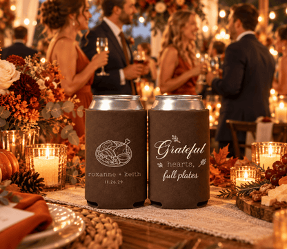 Grateful Hearts Thanksgiving wedding favors featuring chocolate brown can coolers with custom couple names and seasonal details.