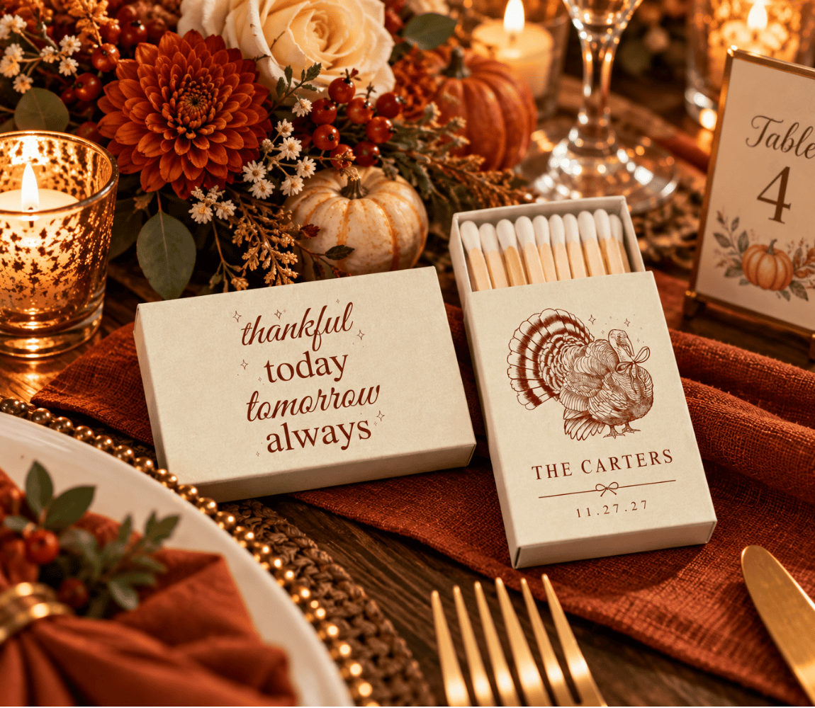Cream Thanksgiving wedding favor matchboxes featuring brown turkey artwork and a thankful today tomorrow always message.