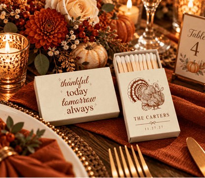Cream Thanksgiving wedding favor matchboxes featuring brown turkey artwork and a thankful today tomorrow always message.