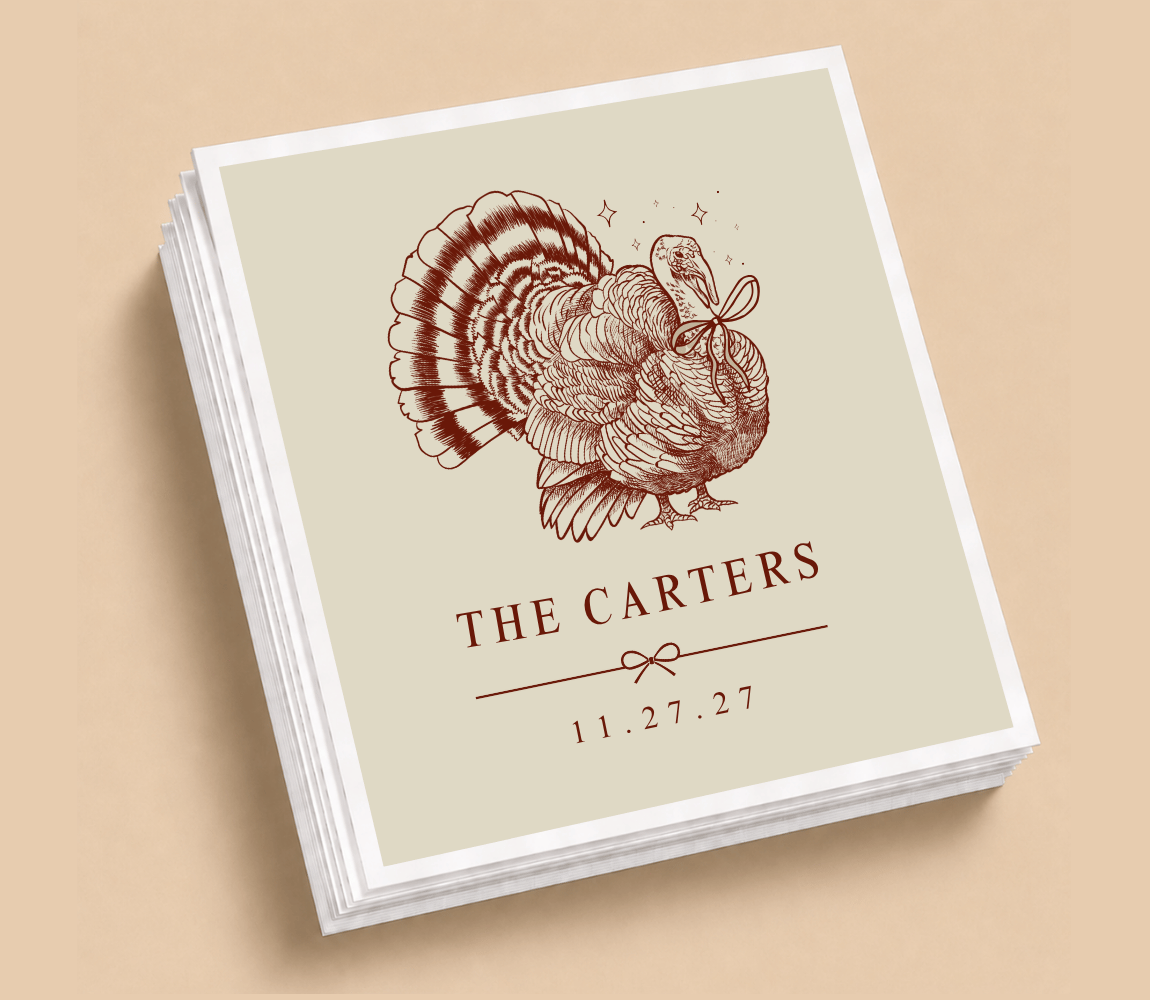 Personalized Thanksgiving wedding table napkins featuring a vintage turkey illustration, custom family name, wedding date, and warm brown artwork.