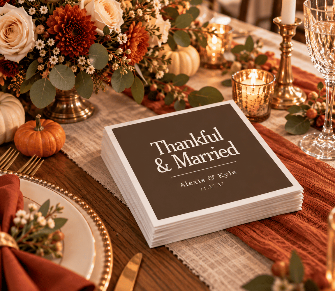Chocolate brown Thanksgiving wedding napkins featuring Thankful & Married wording and custom couple names.