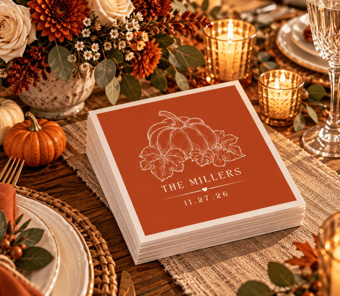 Terracotta Thanksgiving wedding napkins featuring a detailed pumpkin and autumn leaves with custom family name.