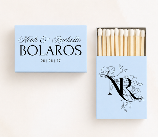 Personalized floral initial wedding matchboxes featuring custom couple names, family name, wedding date, and floral monogram initials.