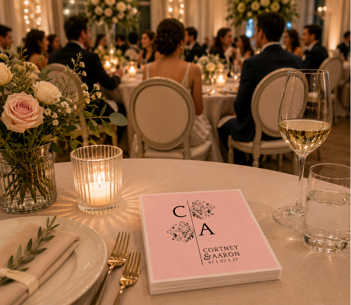 Custom split monogram wedding cocktail napkins.