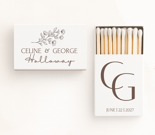 Personalized floral monogram wedding matchboxes featuring custom initials, couple's names, family name, botanical illustration, and wedding date.