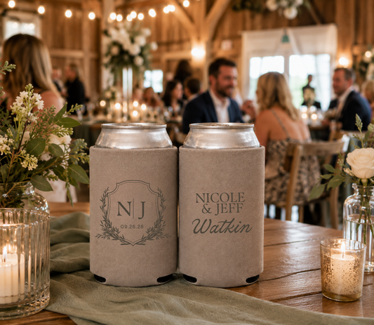 
Taupe personalized wedding can coolers featuring a custom monogram crest with initials NJ, couple names Nicole and Jeff, family name Watkin, and wedding date.