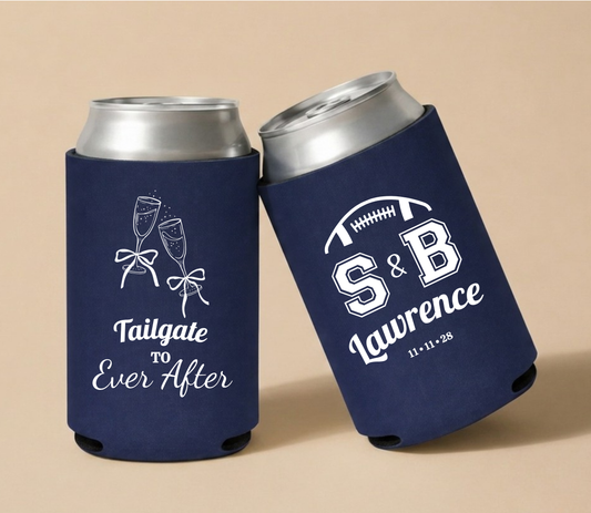 Personalized Tailgate To Ever After Football Wedding Can Coolers featuring football, champagne glass artwork, custom couple name, initials, and wedding date.