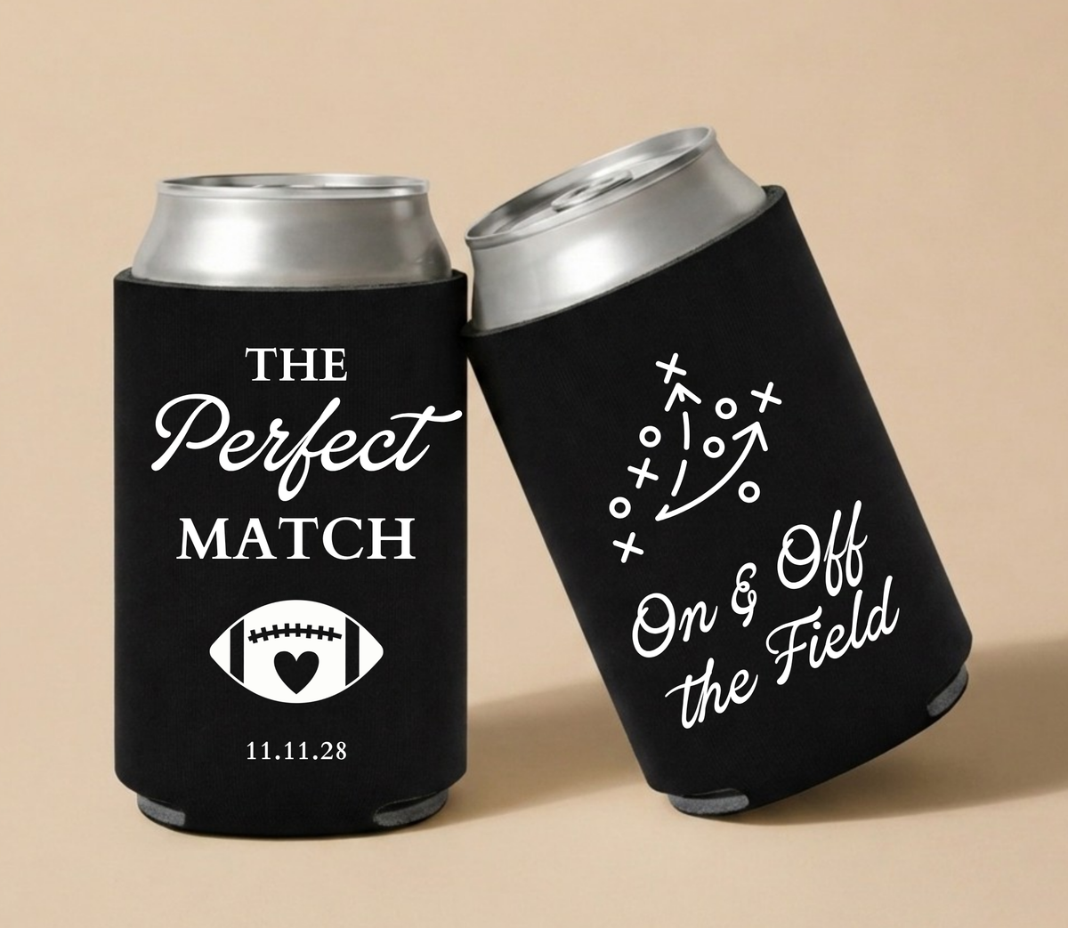 Personalized Perfect Match Football Wedding Can Coolers featuring football artwork, custom wedding date, and On & Off the Field wording.