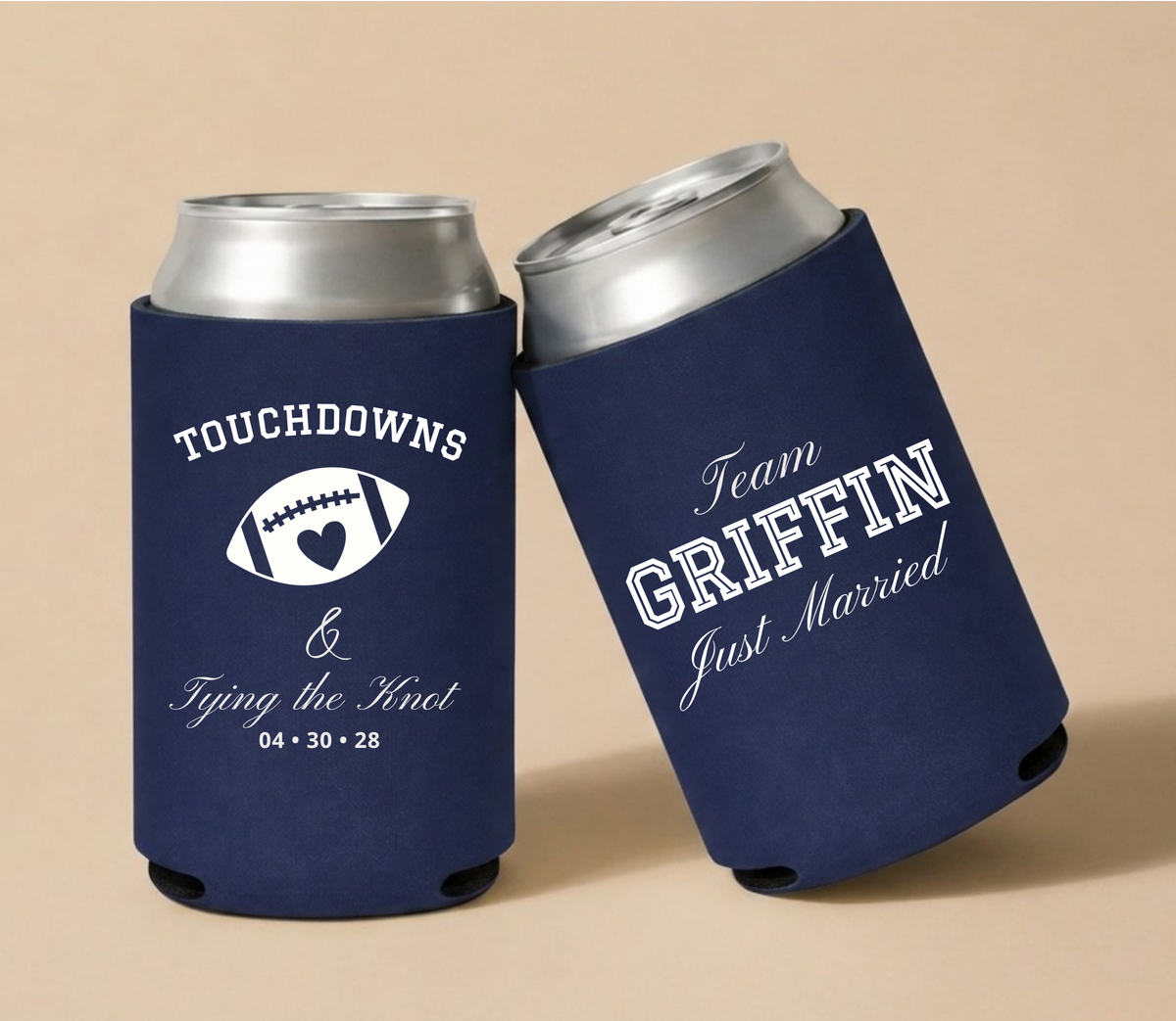 Personalized Touchdowns & Tying The Knot Football Wedding Can Coolers featuring football and heart artwork, Team Griffin wording, and wedding date.
