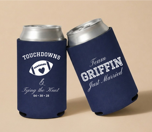 Personalized Touchdowns & Tying The Knot Football Wedding Can Coolers featuring football and heart artwork, Team Griffin wording, and wedding date.