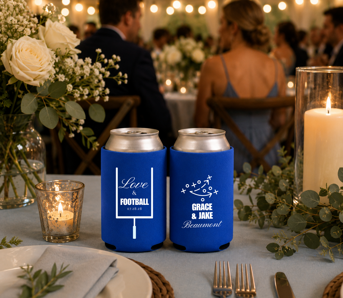 Custom football wedding can coolers featuring Love & Football wording, football goalpost artwork, and wedding date.