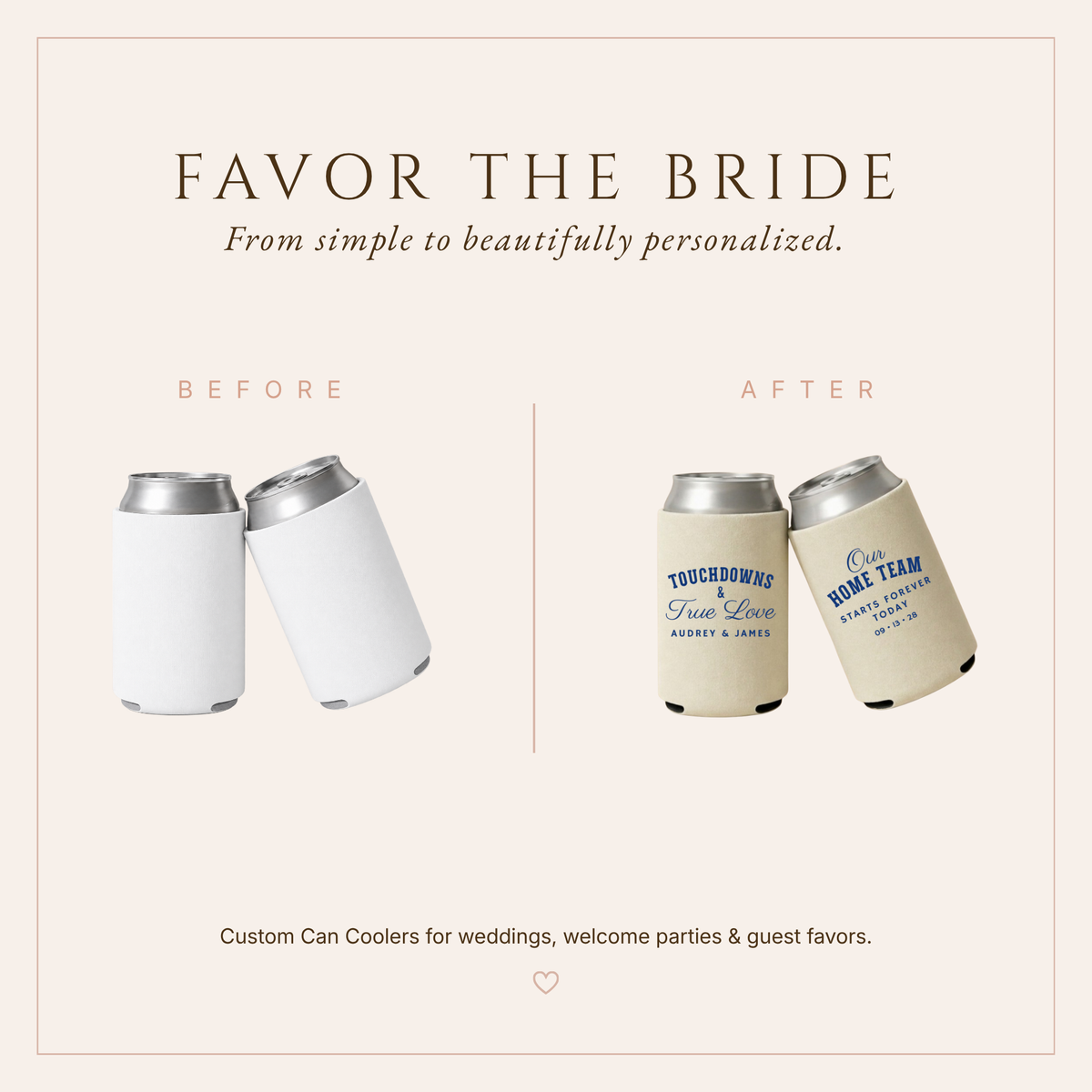 Football wedding favor can coolers with Touchdowns & True Love design, personalized names, and wedding date.