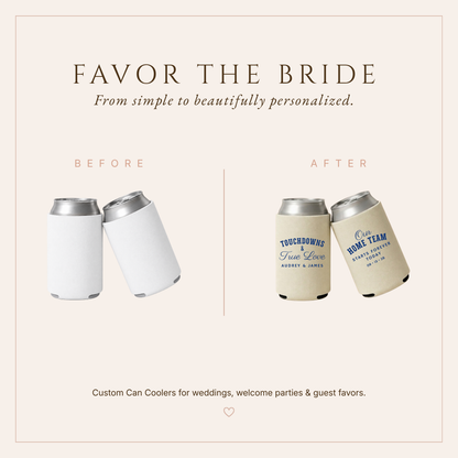 Football wedding favor can coolers with Touchdowns & True Love design, personalized names, and wedding date.