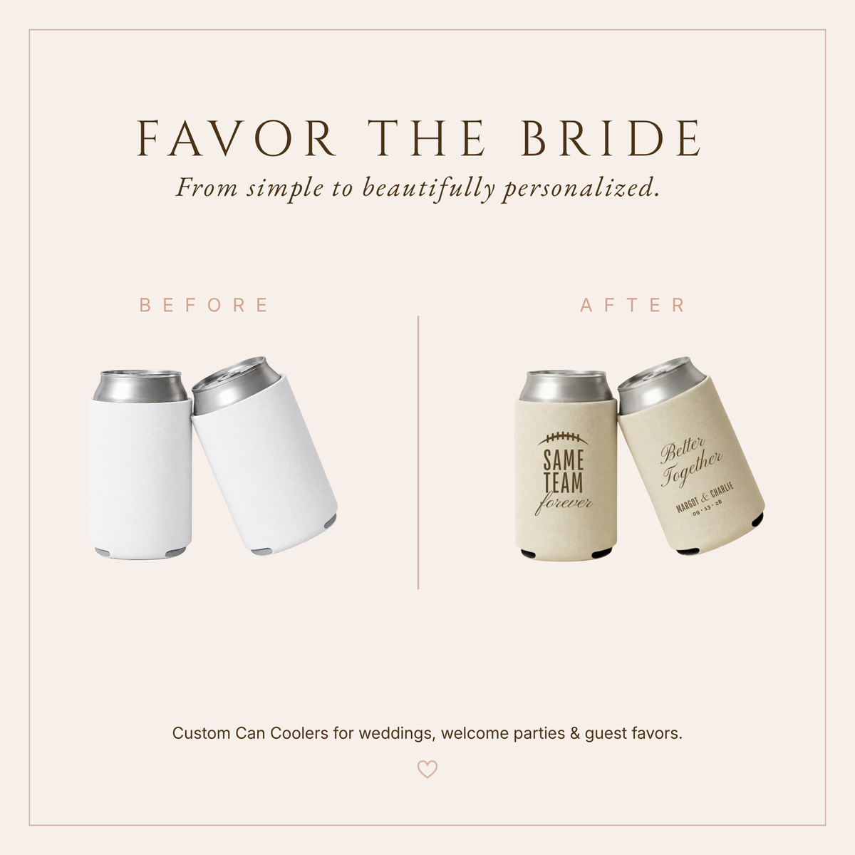 Personalized football wedding can coolers featuring romantic sports inspired wording and custom wedding details.