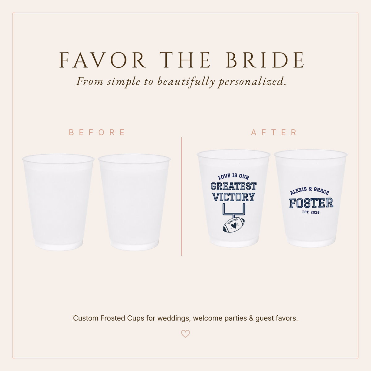 Greatest Victory football wedding cups featuring frosted white cups, navy lettering, football artwork, and personalized wedding details.