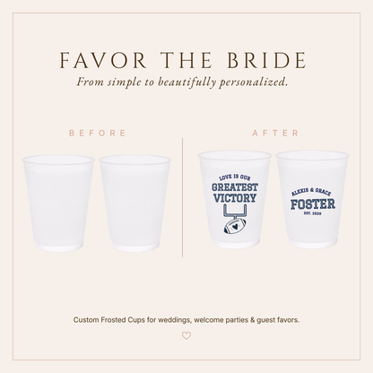 Greatest Victory football wedding cups featuring frosted white cups, navy lettering, football artwork, and personalized wedding details.