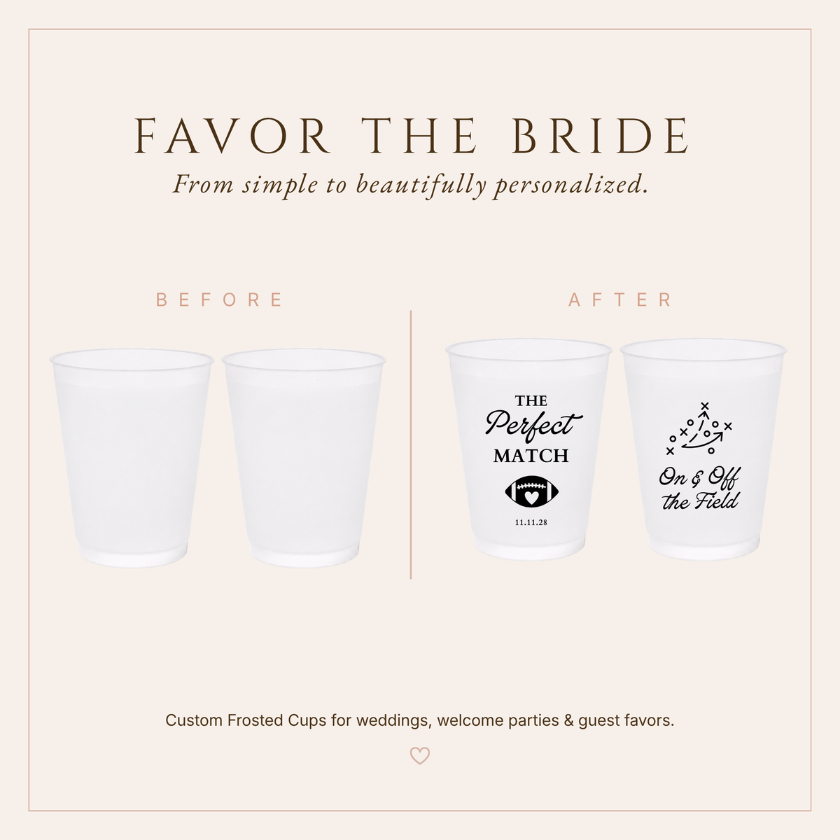 Perfect Match football wedding cups featuring frosted white cups, black artwork, football imagery, and wedding date personalization.


