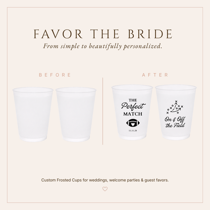 Perfect Match football wedding cups featuring frosted white cups, black artwork, football imagery, and wedding date personalization.

