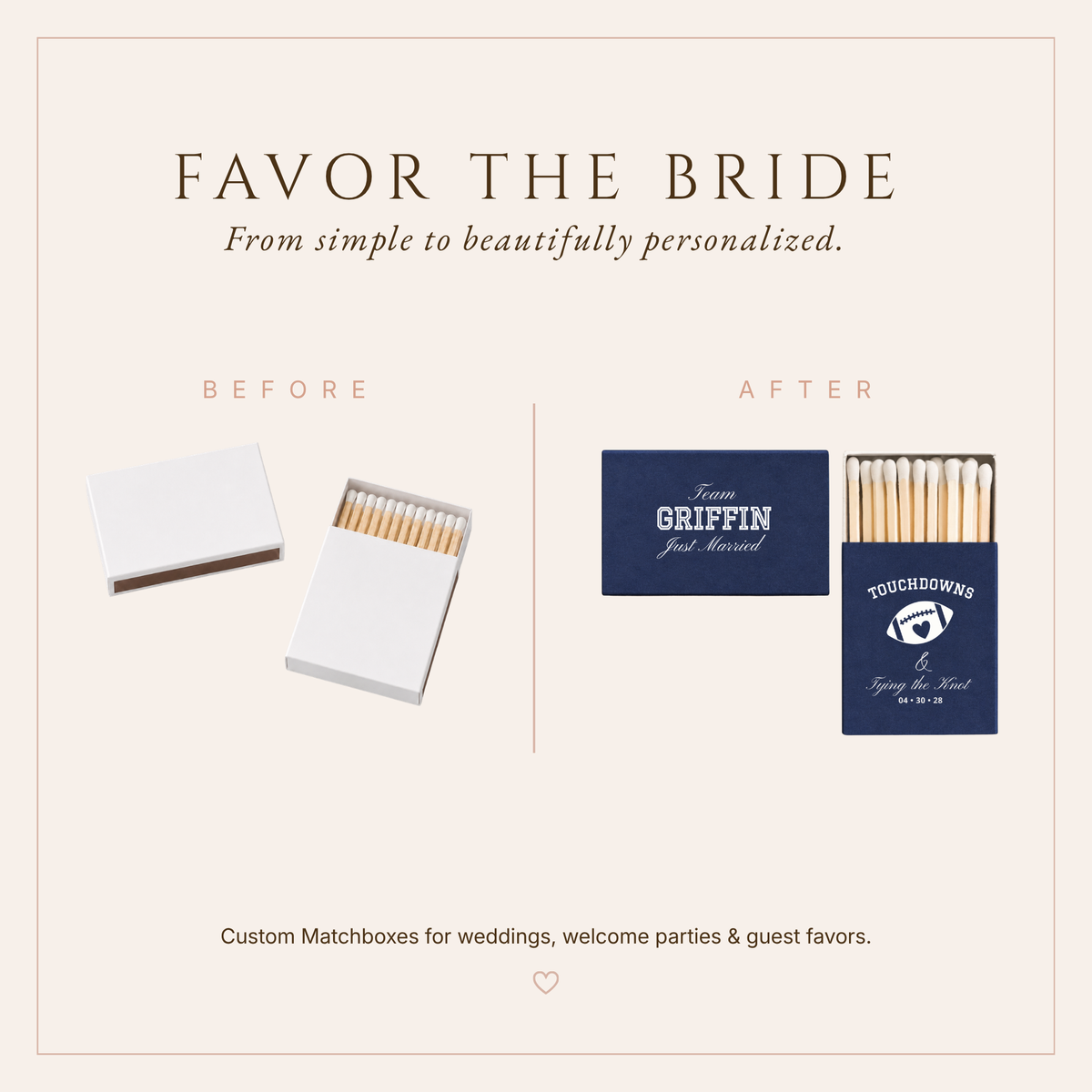 Football themed wedding matchboxes featuring Touchdowns & Tying the Knot artwork, personalized team name, and wedding date.