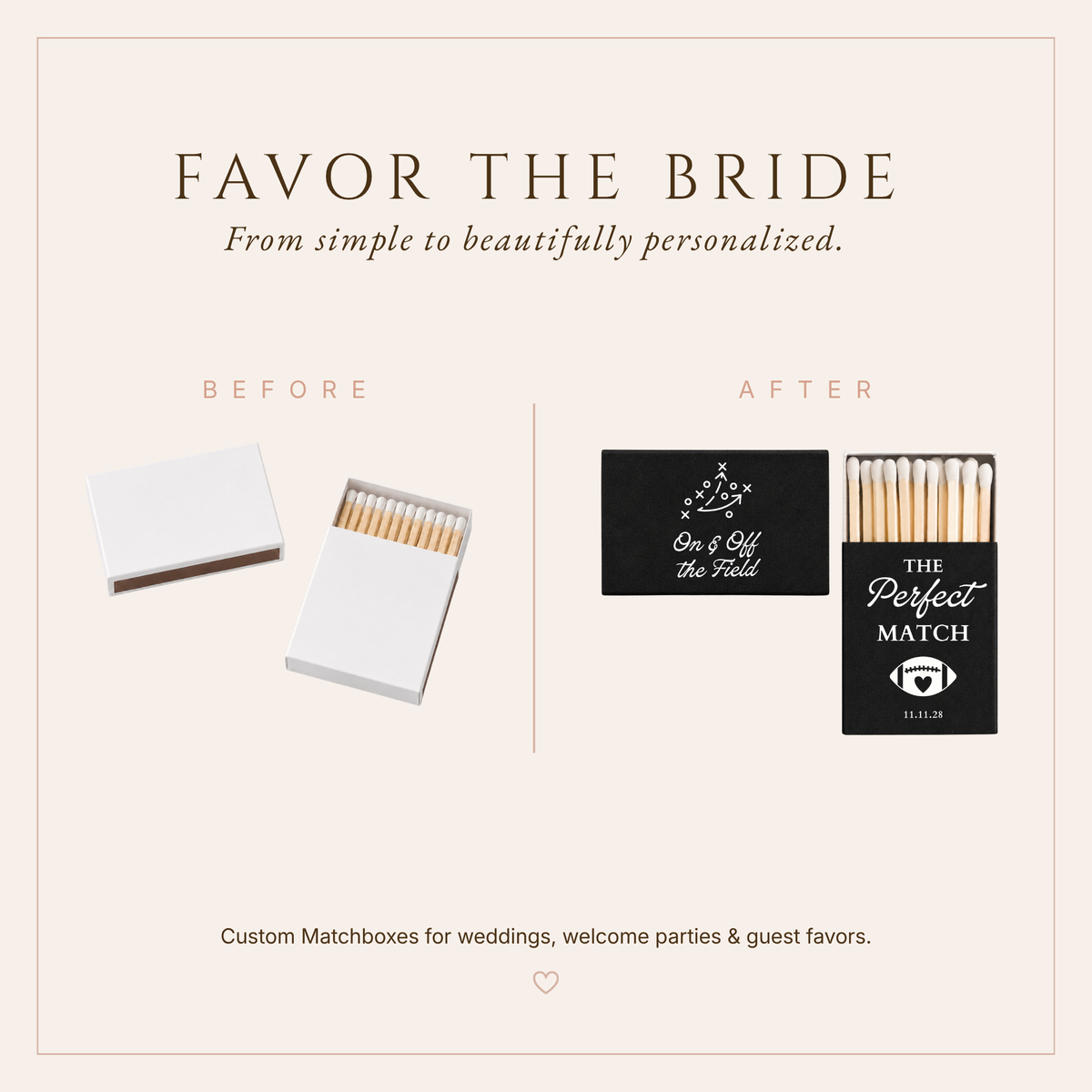 Custom football wedding matchboxes featuring football and heart artwork, wedding date, and sports inspired wording.
