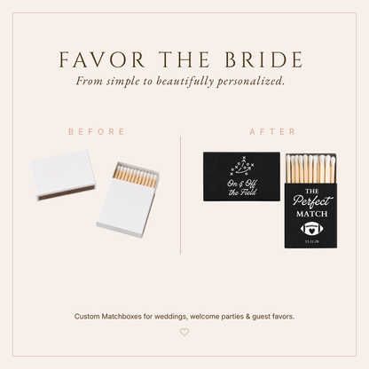 Custom football wedding matchboxes featuring football and heart artwork, wedding date, and sports inspired wording.