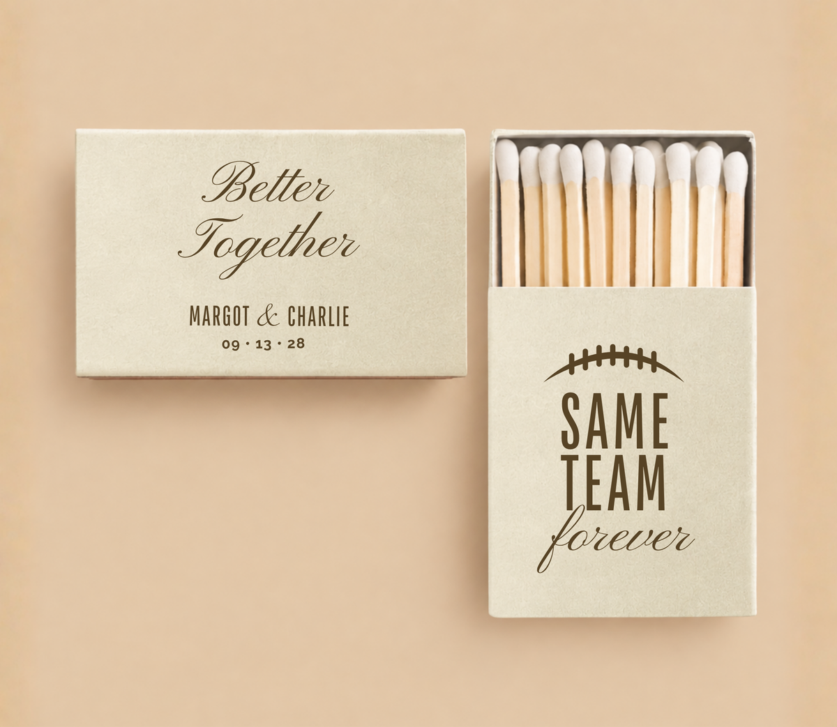 Personalized Better Together football wedding matchboxes featuring Same Team Forever wording, football-inspired artwork, custom couple names, and wedding date.
