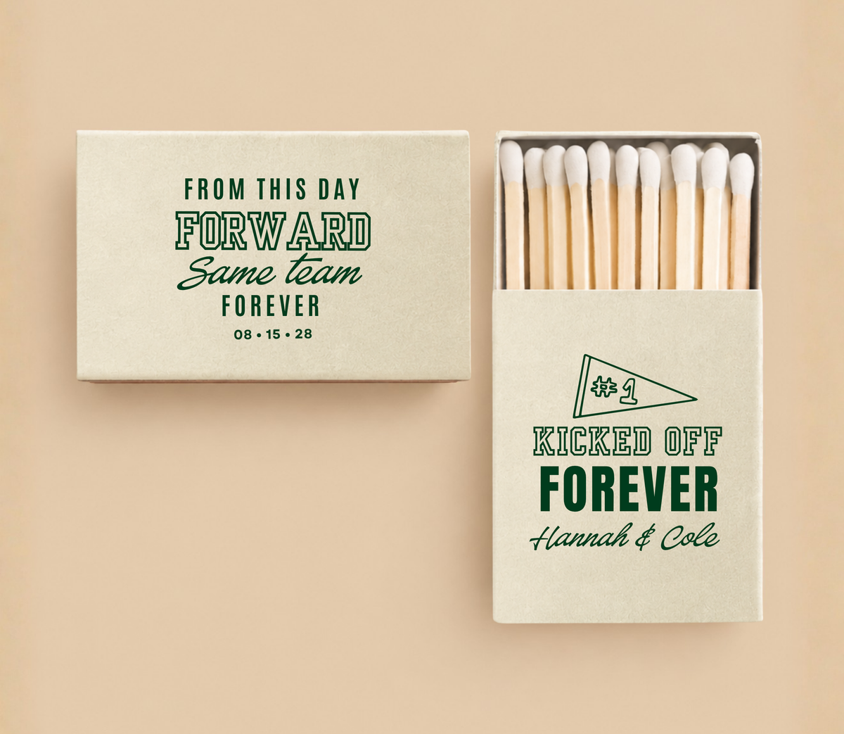 Personalized From This Day Forward football wedding matchboxes featuring Same Team Forever wording, Kicked Off Forever design, custom couple names, and wedding date.