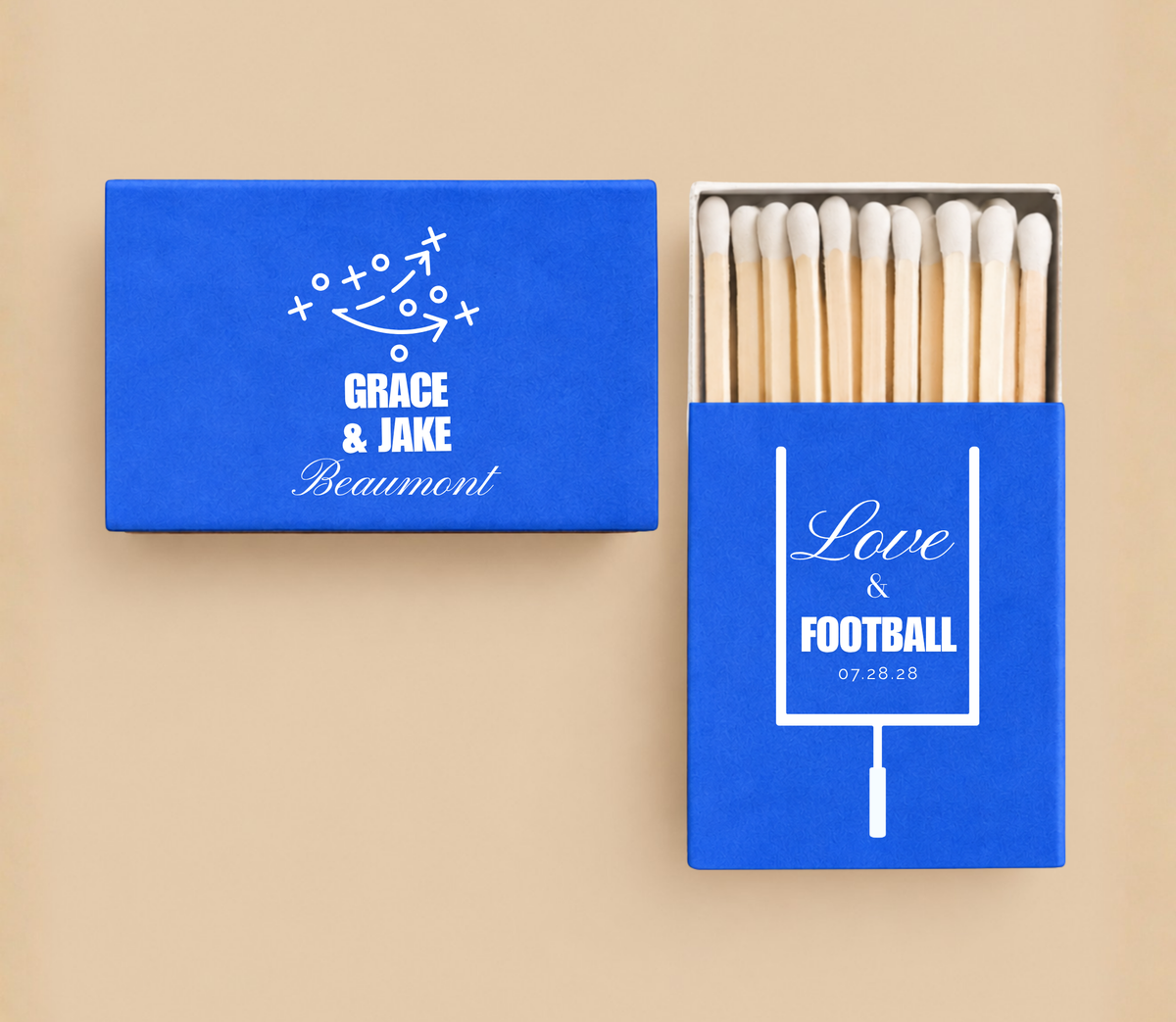 Personalized Love & Football wedding matchboxes featuring football play artwork, custom couple names, last name, and wedding date.