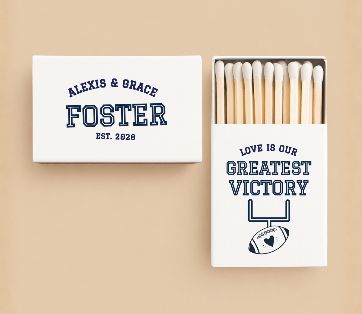 Personalized Love Is Our Greatest Victory football wedding matchboxes featuring custom couple names, family name, and football goalpost artwork.