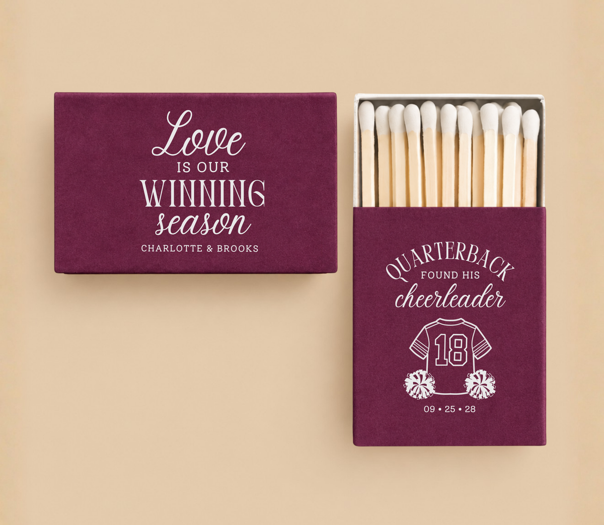 Personalized Love Is Our Winning Season wedding matchboxes featuring football jersey, cheerleader pom-poms, custom couple names, and wedding date.