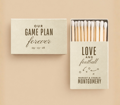 Personalized Our Game Plan Forever football wedding matchboxes featuring Love and Football wording, football play artwork, custom couple names, and wedding date.