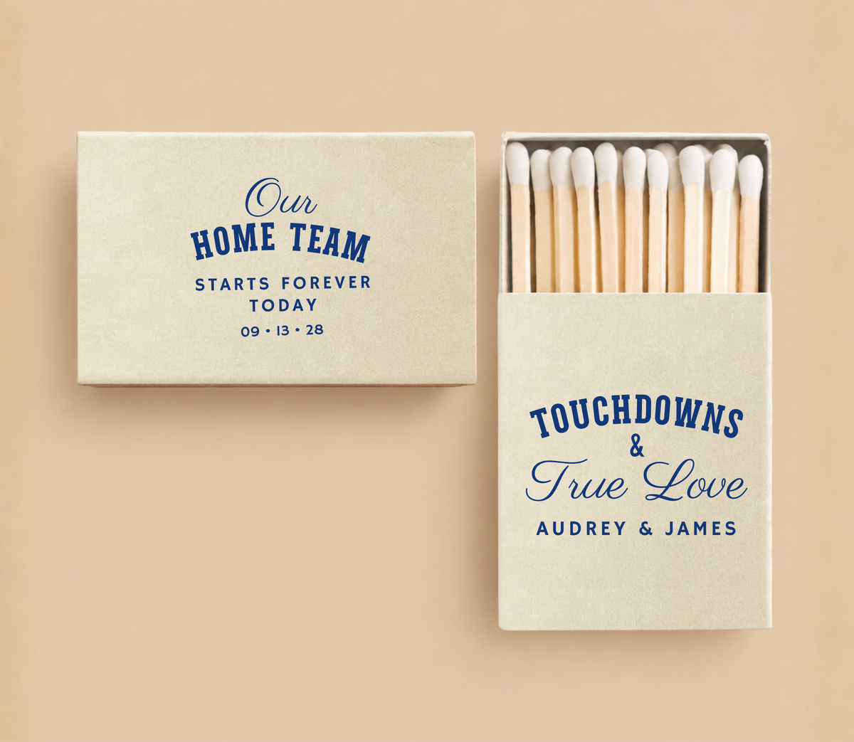 Personalized Our Home Team football wedding matchboxes featuring Touchdowns & True Love wording, custom couple names, and wedding date.