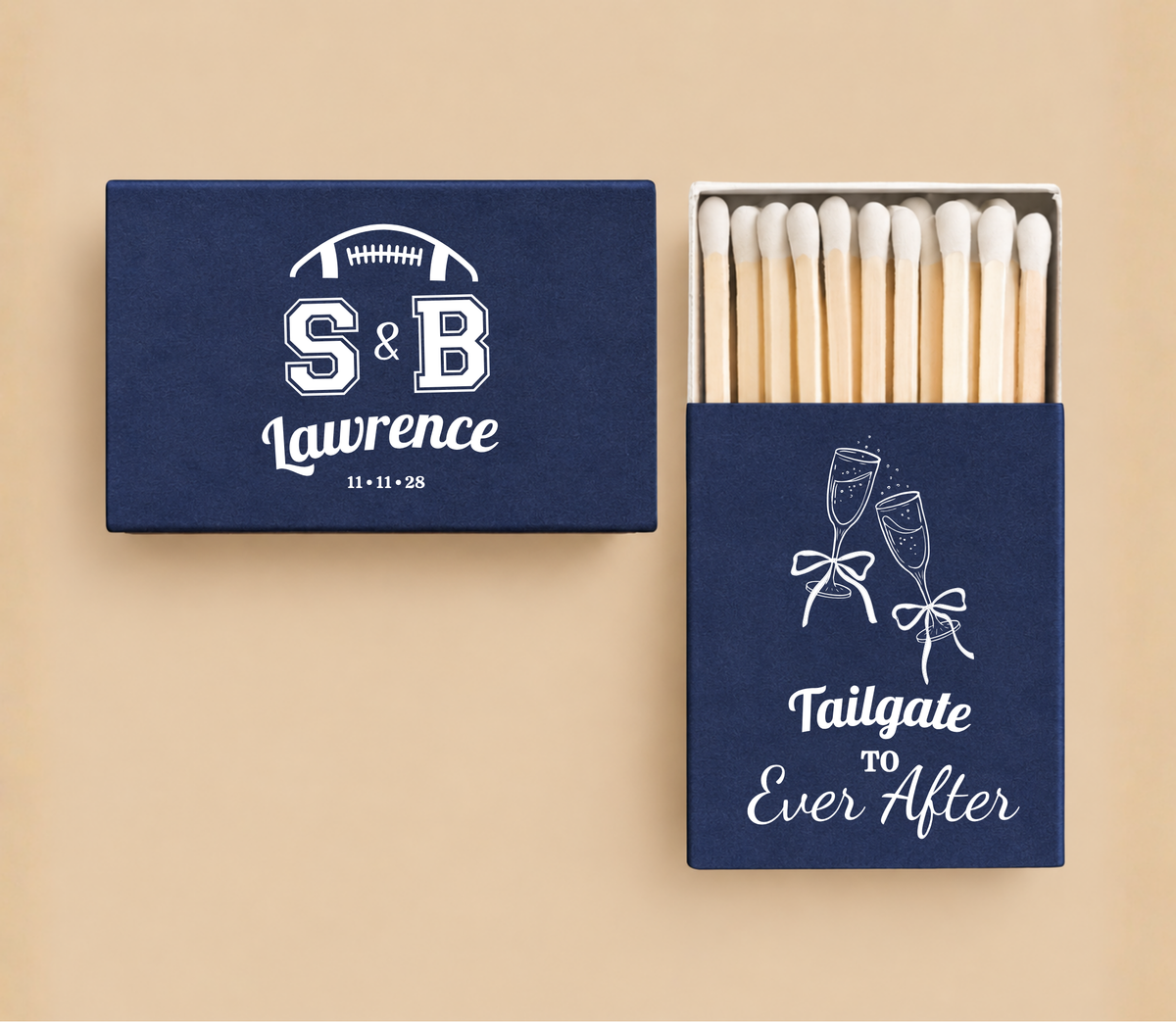Personalized Tailgate To Ever After football wedding matchboxes featuring custom couple initials, name, wedding date, and champagne glass artwork.