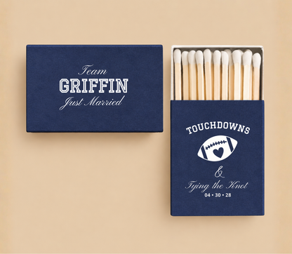 Personalized Team Griffin football wedding matchboxes featuring Touchdowns & Tying the Knot wording, football heart artwork, and wedding date.
