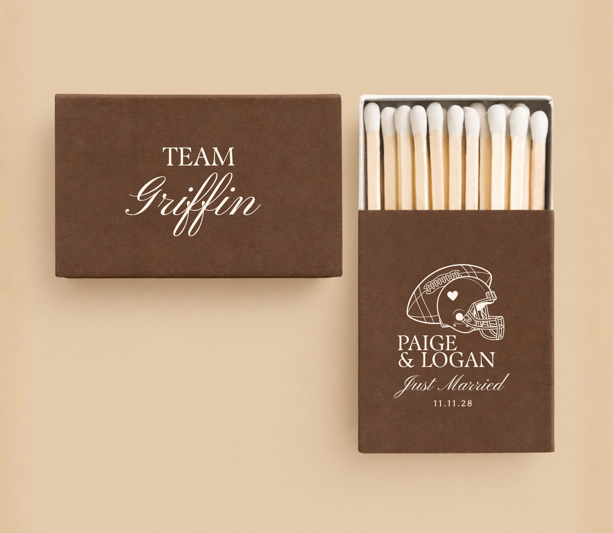 Personalized Team Griffin football wedding matchboxes featuring football helmet artwork, custom couple names, Just Married wording, and wedding date.