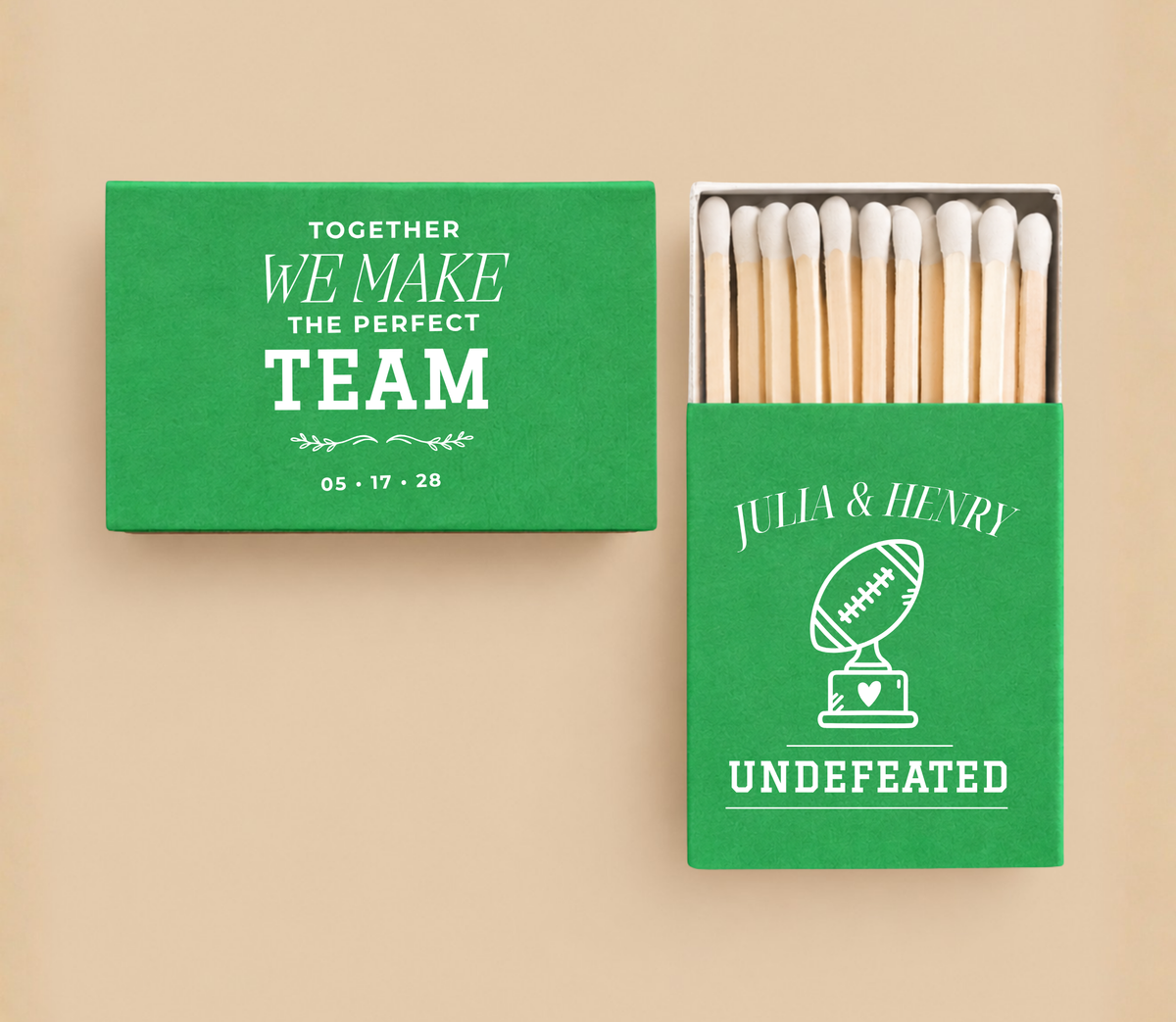Personalized Together We Make The Perfect Team football wedding matchboxes featuring football trophy artwork, custom couple names, and wedding date.
