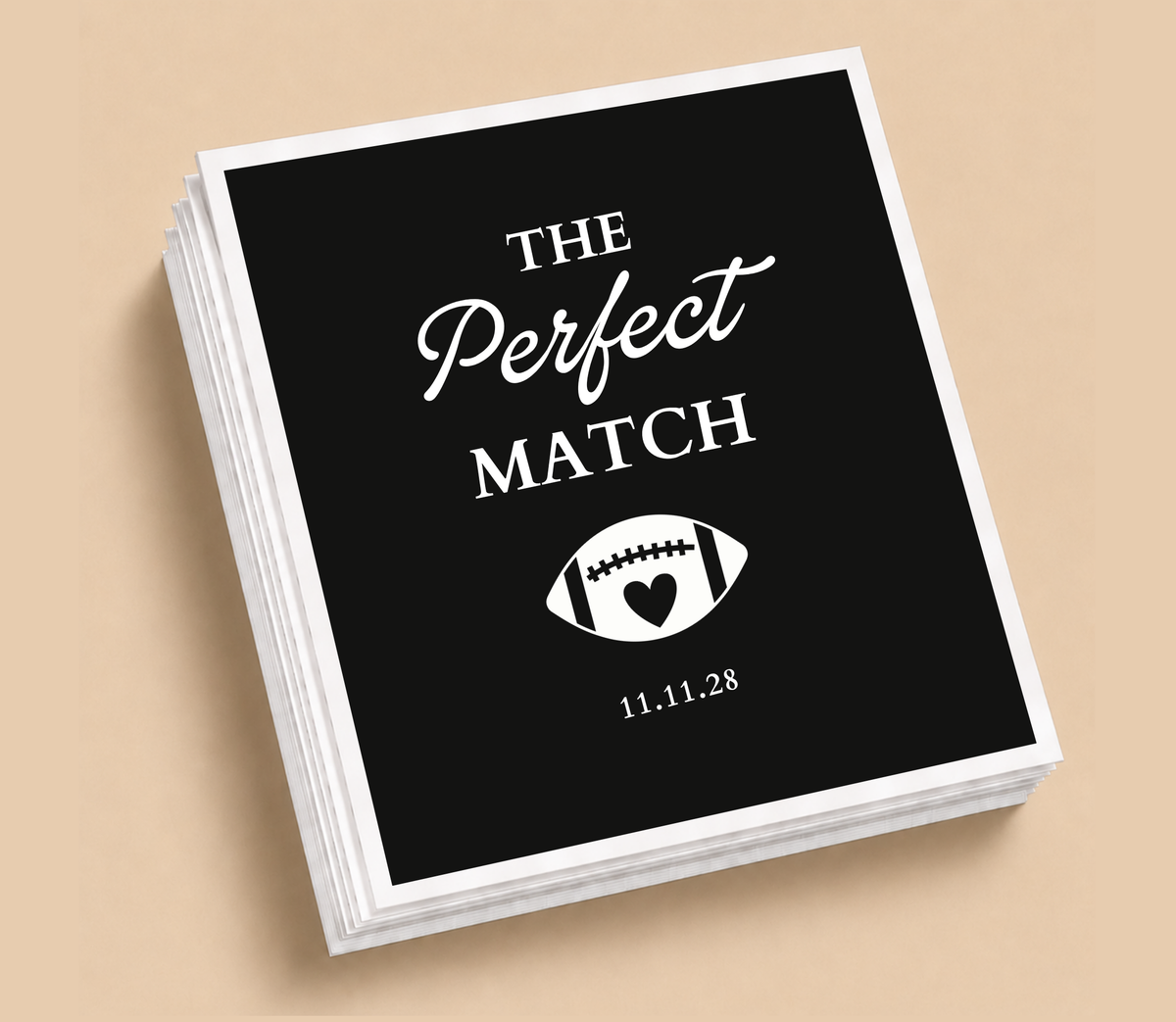 Personalized The Perfect Match football wedding napkins featuring a football heart design, white lettering, and custom wedding date.