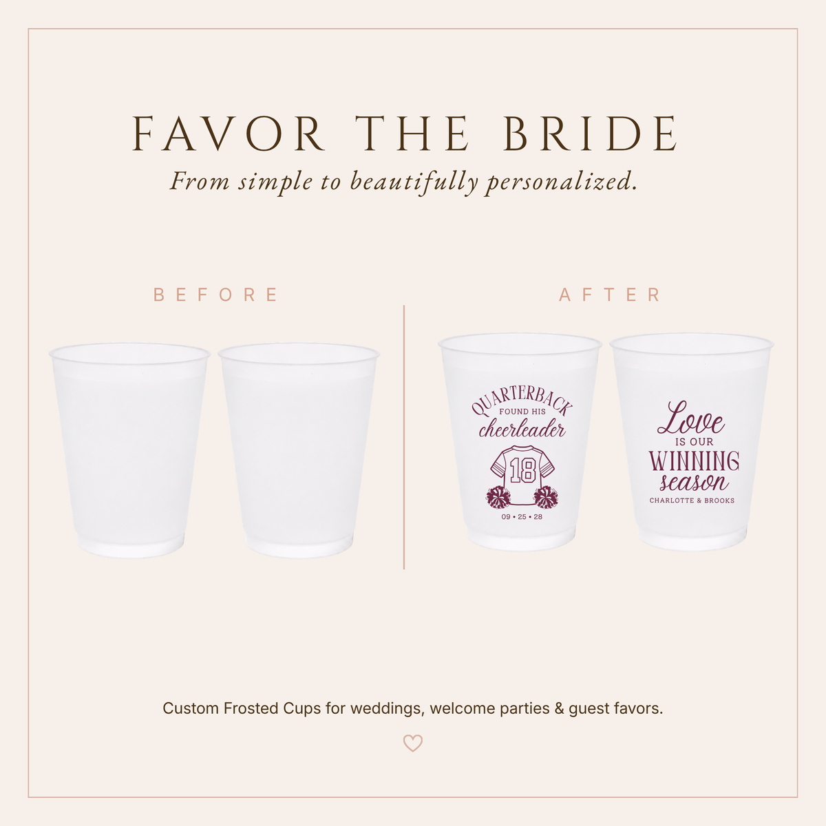 Quarterback cheerleader wedding cups featuring frosted white cups, burgundy sports artwork, personalized names, and wedding date.