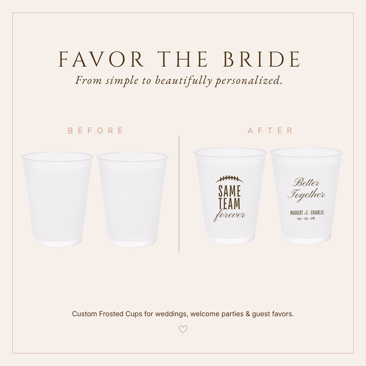 Same Team Forever wedding cups featuring frosted white cups, football-inspired artwork, and personalized wedding details.